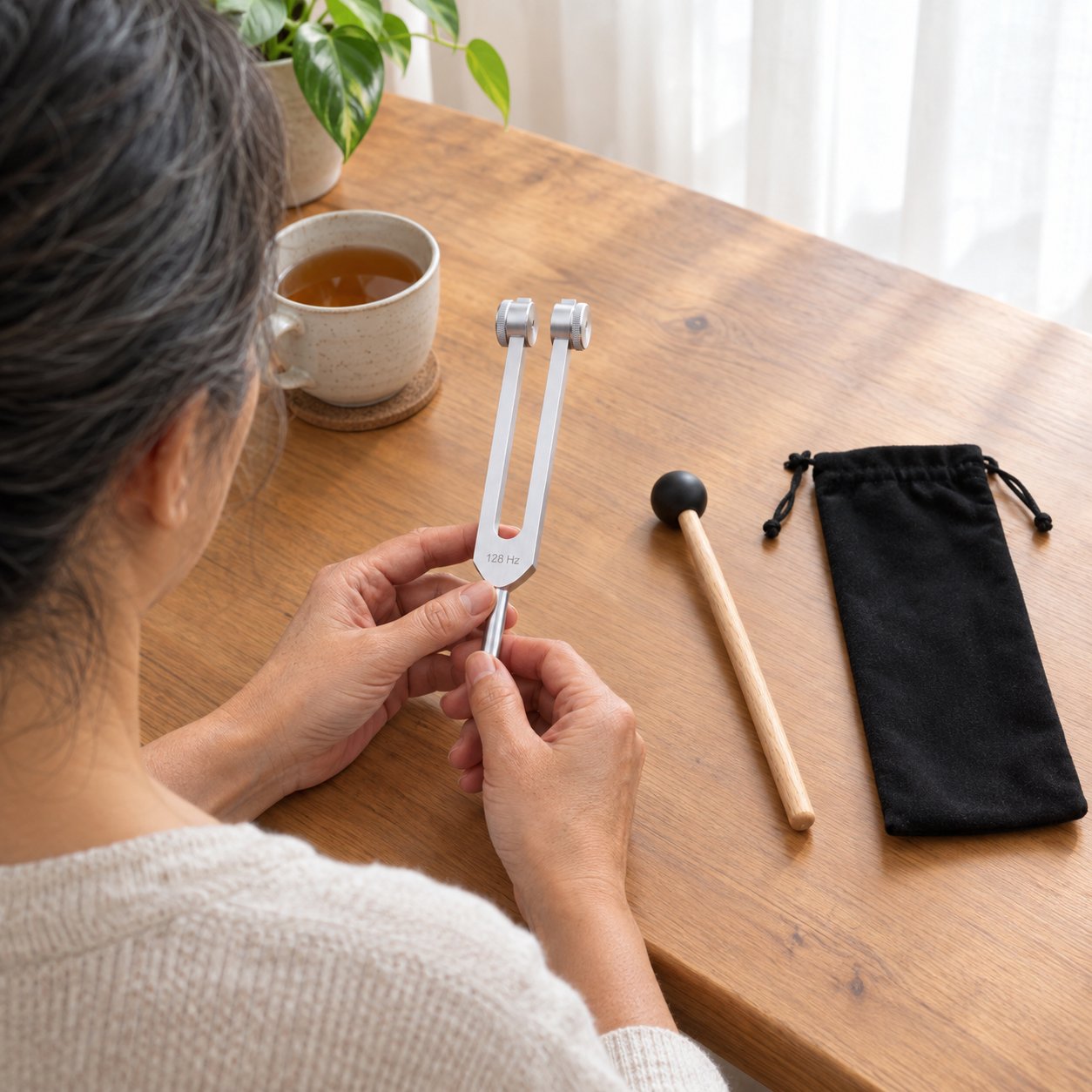 The Pomence 128 Hz Weighted Tuning Fork with its wooden mallet and plain black pouch laid out on a wood table