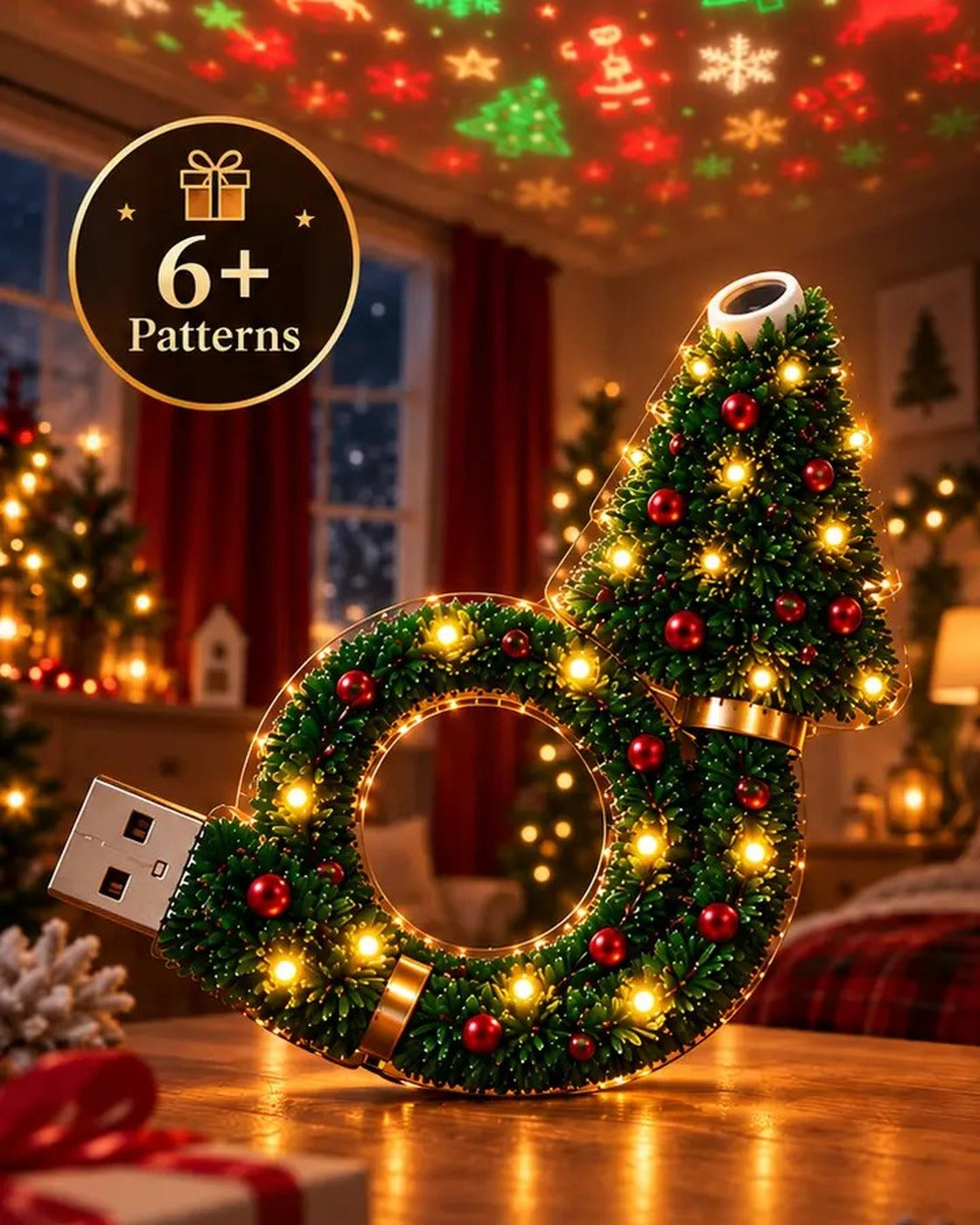 The Pomence Christmas Projector Night Light glowing in a dark decorated room