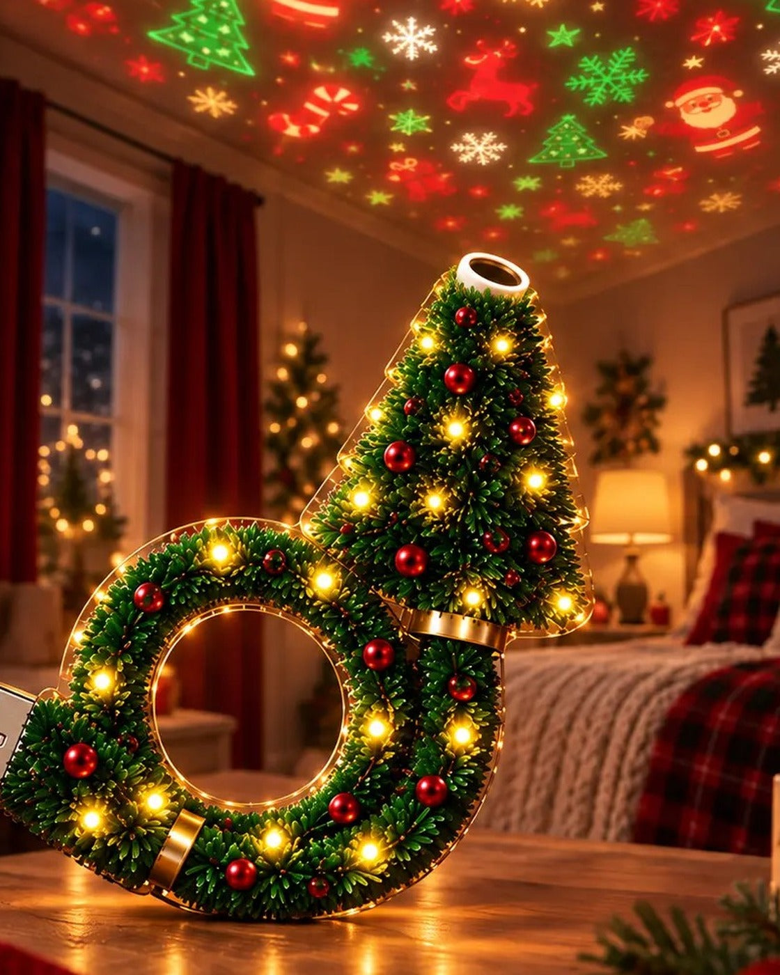 Pomence Christmas Projector Night Light on a table with patterns on the ceiling above