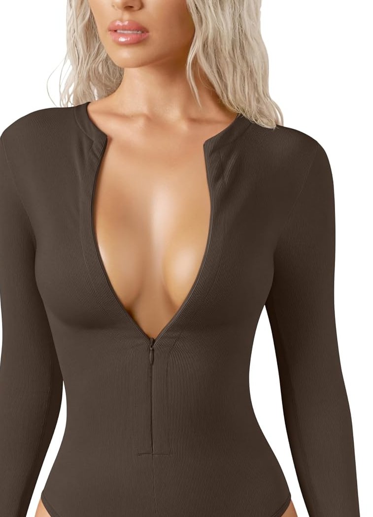 Pomence Invisible Zip Long Sleeve Bodysuit in Darkbrown, colour range