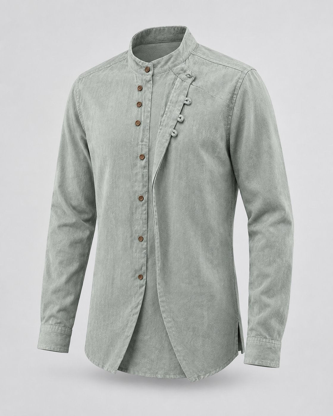 Pomence™ Soft-Touch Band Collar Shirt. Soft-touch band collar shirt, front view, Sage Frost
