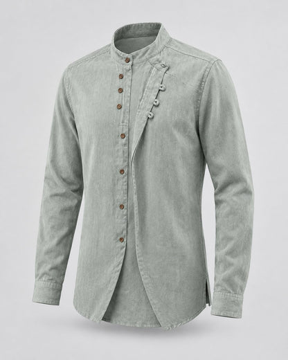 Pomence™ Soft-Touch Band Collar Shirt. Soft-touch band collar shirt, front view, Sage Frost