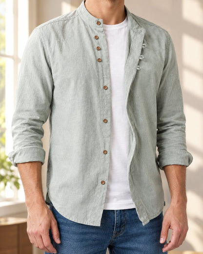 Pomence™ Soft-Touch Band Collar Shirt. Soft-touch band collar shirt worn open over a white tee, Sage Frost
