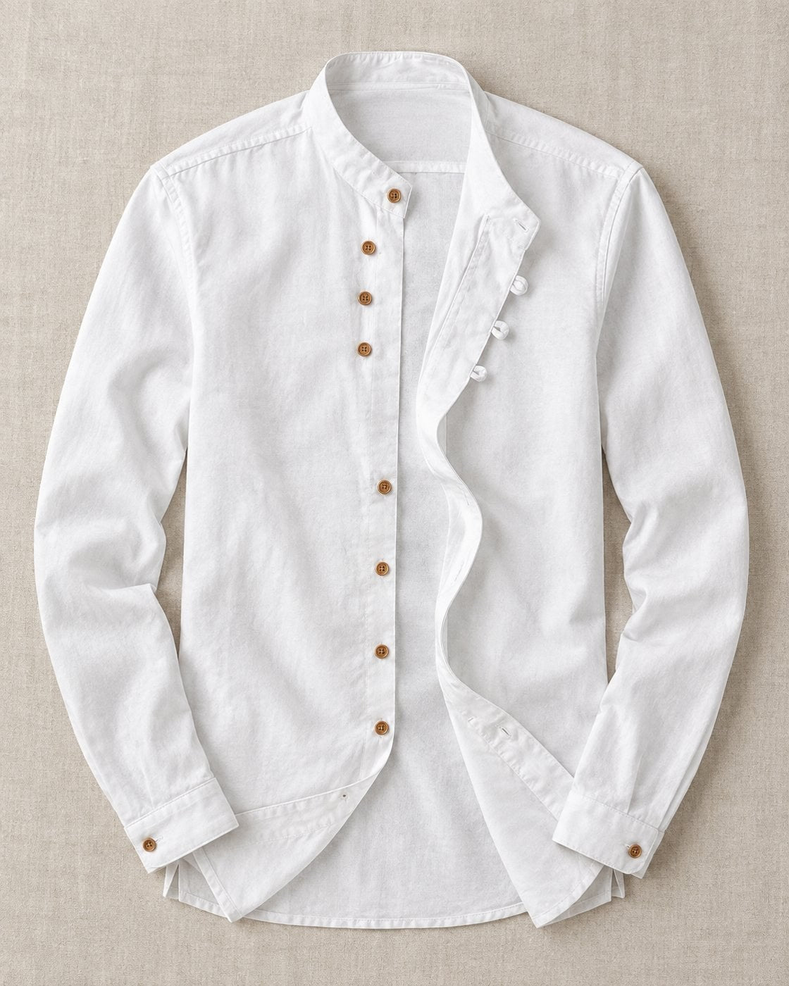Pomence™ Soft-Touch Band Collar Shirt. Soft-touch band collar shirt, front view, Ivory Mist