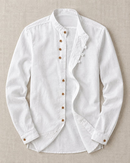 Pomence™ Soft-Touch Band Collar Shirt. Soft-touch band collar shirt, front view, Ivory Mist