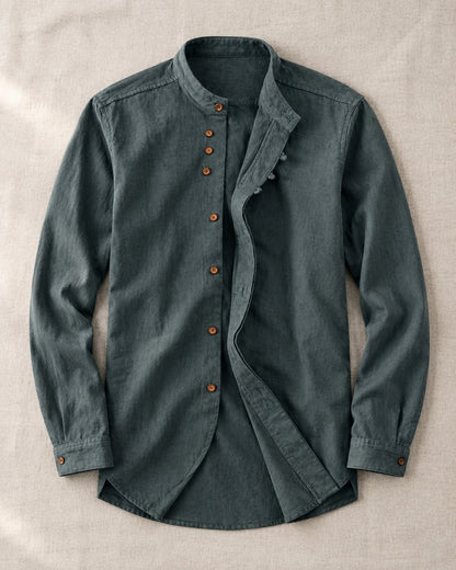 Pomence™ Soft-Touch Band Collar Shirt. Soft-touch band collar shirt, front view, Evergreen Slate