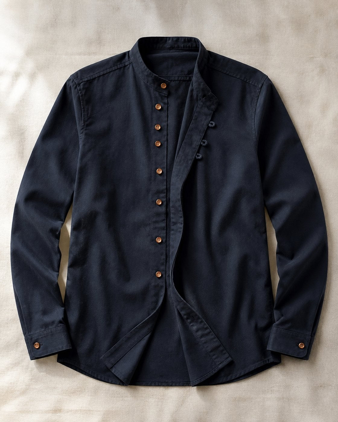 Pomence™ Soft-Touch Band Collar Shirt. Soft-touch band collar shirt, front view, Midnight Navy