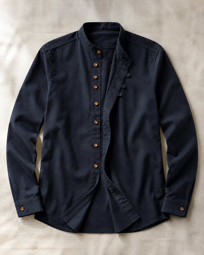 Pomence™ Soft-Touch Band Collar Shirt. Soft-touch band collar shirt, front view, Midnight Navy