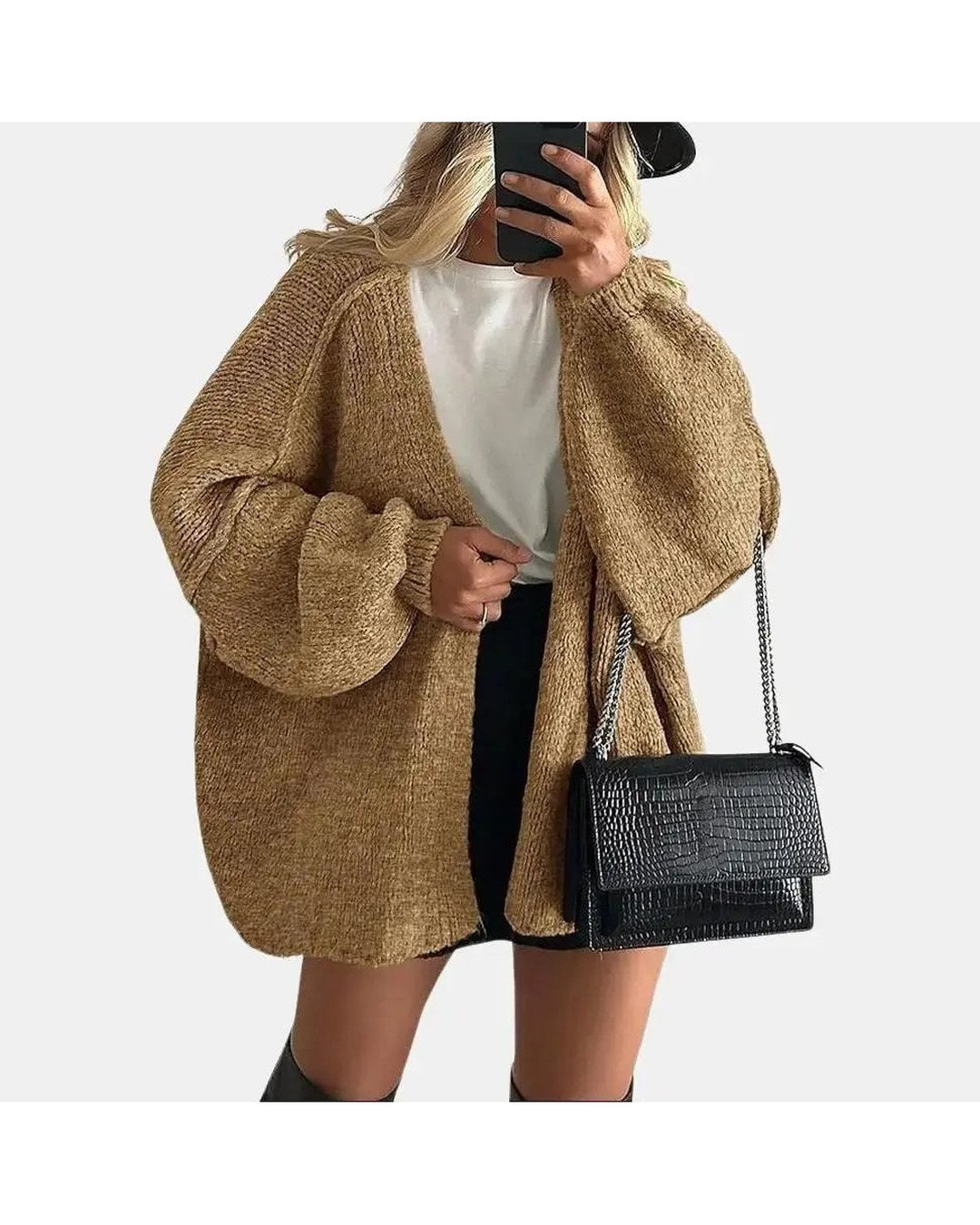 Pomence Women's Oversized Lantern Sleeve Cardigan. Pomence Oversized Lantern Sleeve Cardigan - Camel