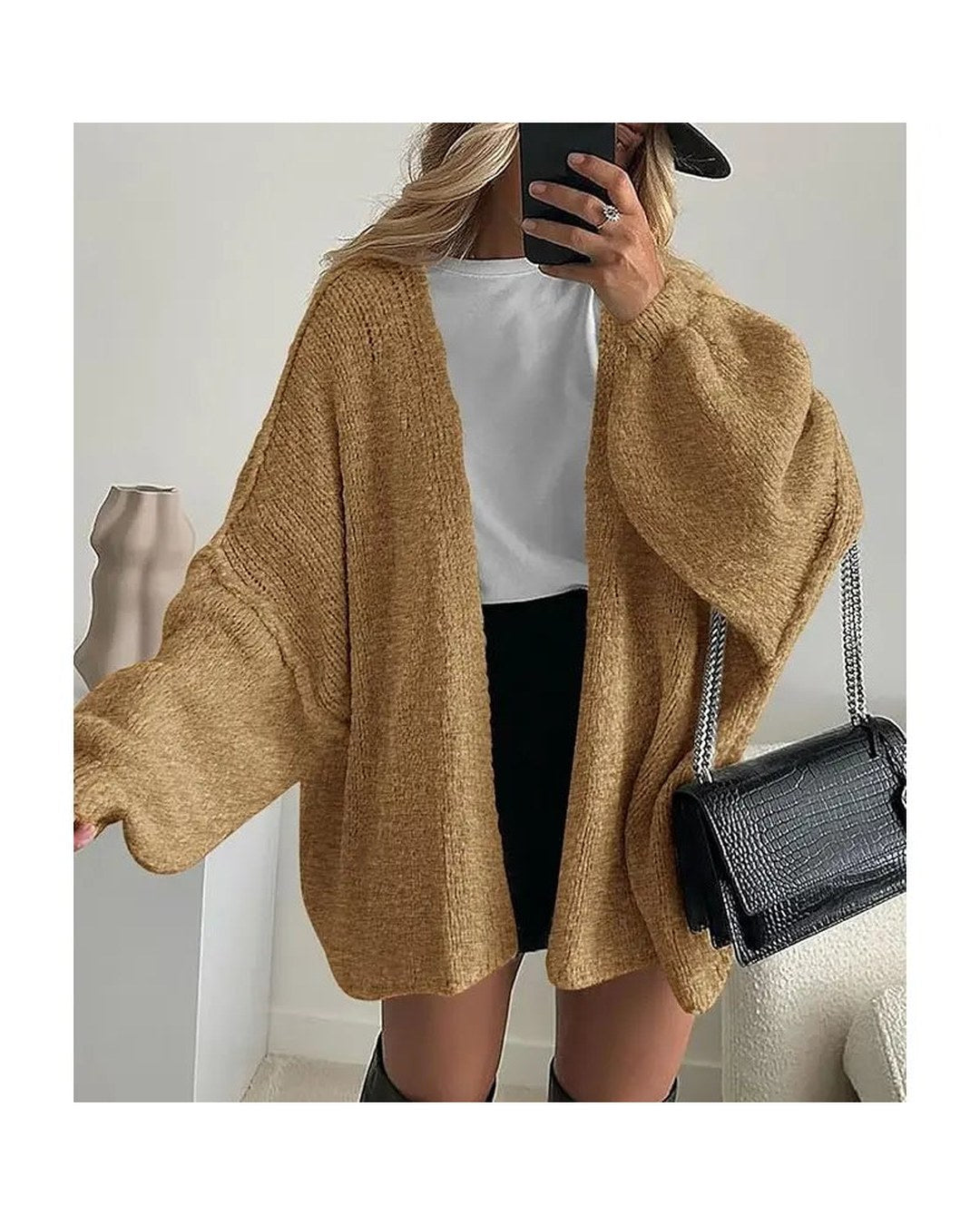 Pomence Women's Oversized Lantern Sleeve Cardigan. Pomence Oversized Lantern Sleeve Cardigan - Camel