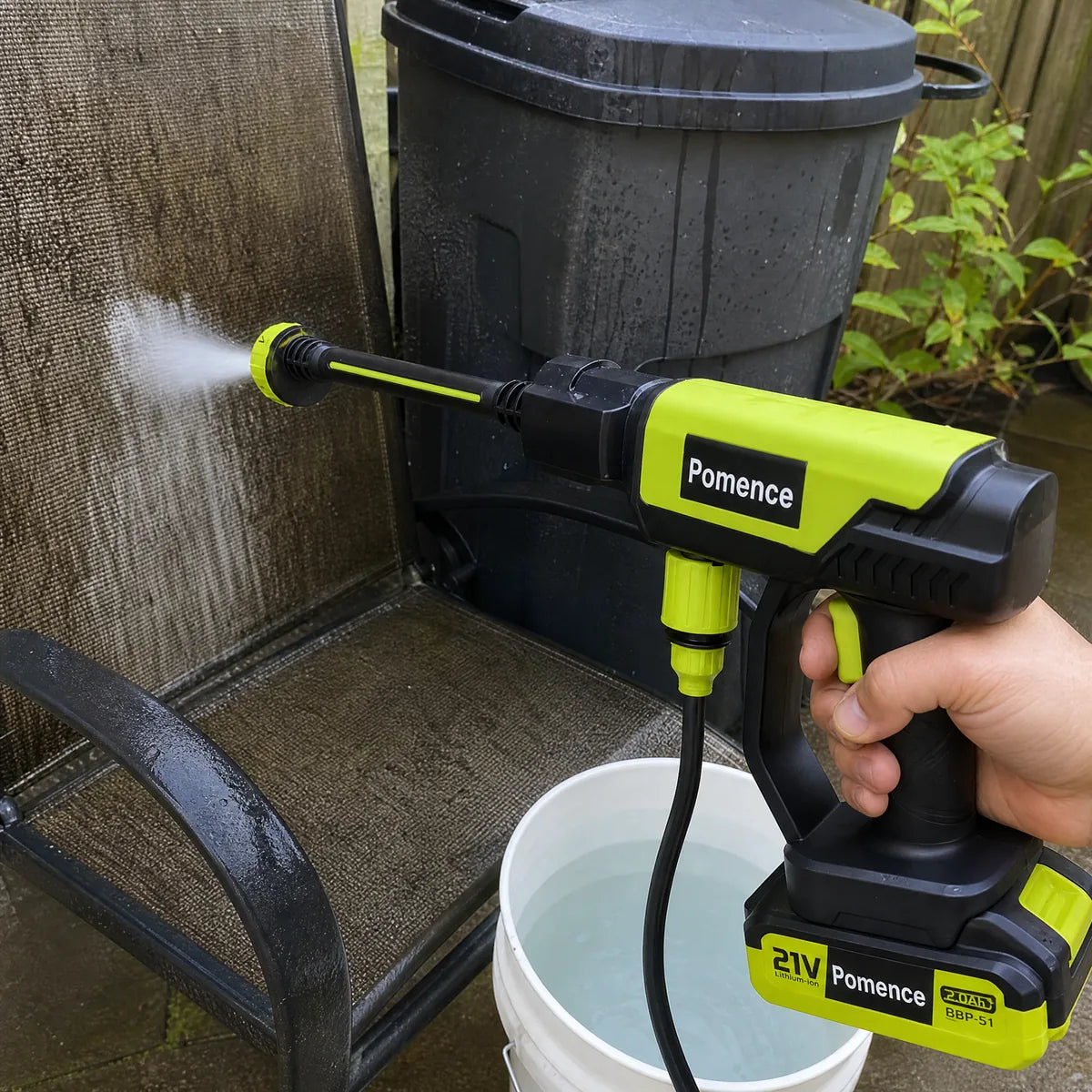 Jenna R. cleaning outdoor furniture with Pomence