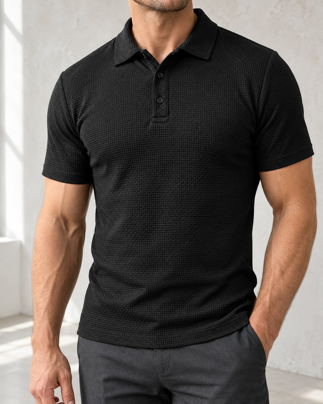 Pomence™ Textured Stretch Polo. Pomence Textured Stretch Polo, worn front view, Espresso Black