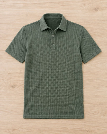 Pomence™ Textured Stretch Polo. Pomence Textured Stretch Polo, front view, Sage Green