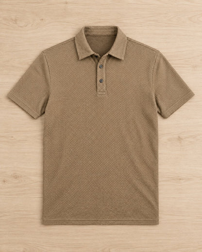 Pomence™ Textured Stretch Polo. Pomence Textured Stretch Polo, front view, Camel Tan