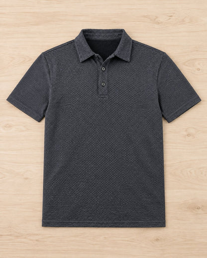 Pomence™ Textured Stretch Polo. Pomence Textured Stretch Polo, front view, Harbour Gray