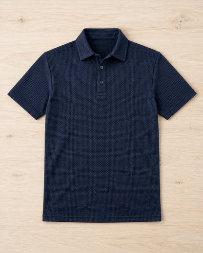Pomence™ Textured Stretch Polo. Pomence Textured Stretch Polo, front view, Midnight Navy