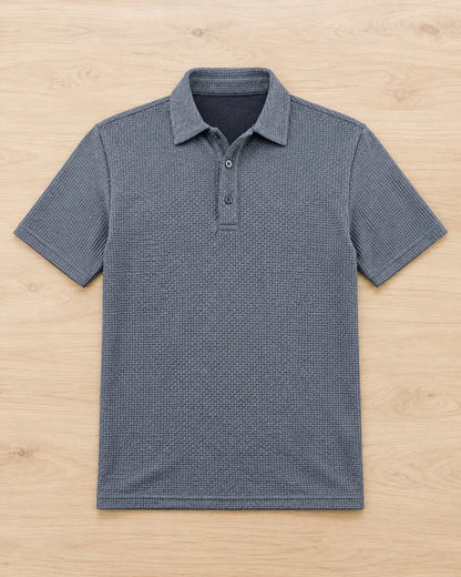 Pomence™ Textured Stretch Polo. Pomence Textured Stretch Polo, front view, Silverwood Gray