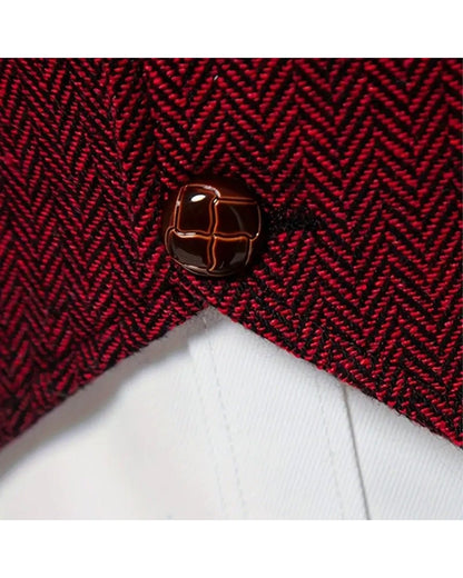 Lancaster Men's Ultra Comfortable Waistcoat. Lancaster Men's Ultra Comfortable Waistcoat, button and herringbone weave close-up, Crimson Red