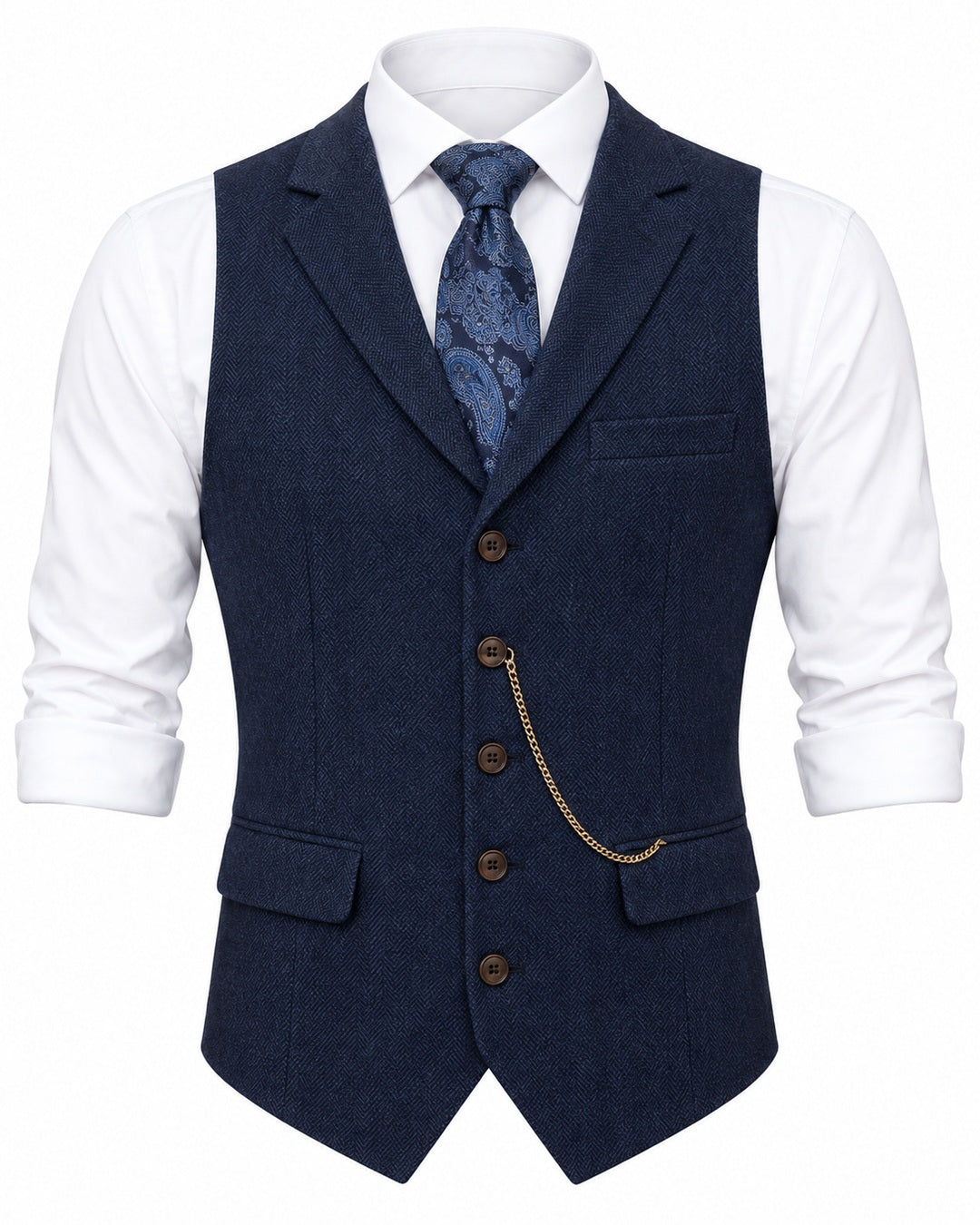 Pomence™ Herringbone Tweed Waistcoat. front view, Midnight Navy