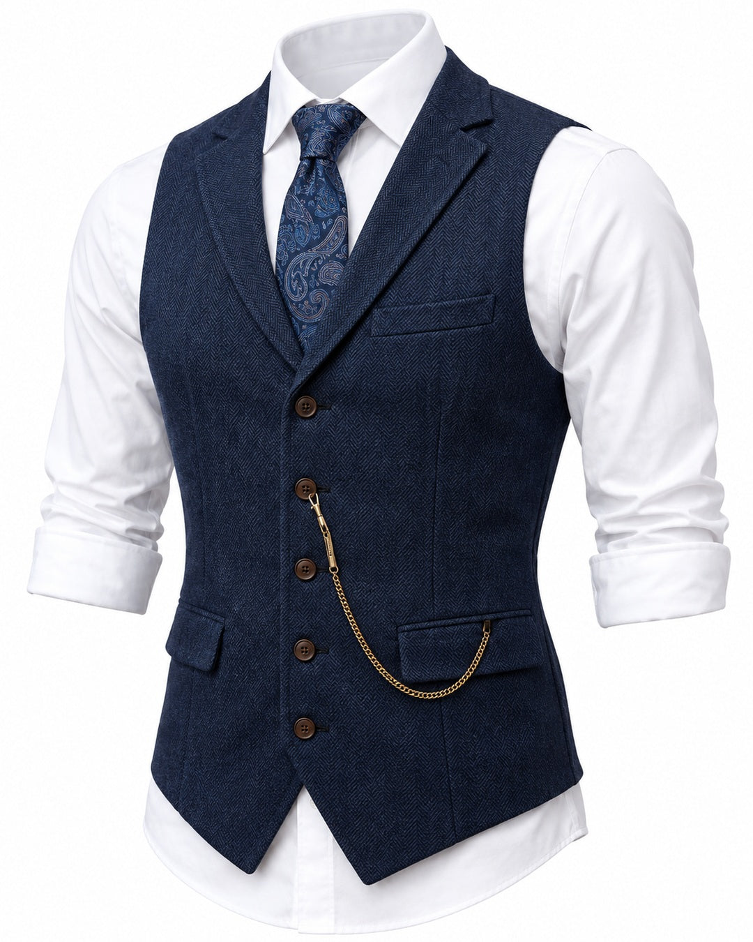Pomence™ Herringbone Tweed Waistcoat. three-quarter view, Midnight Navy