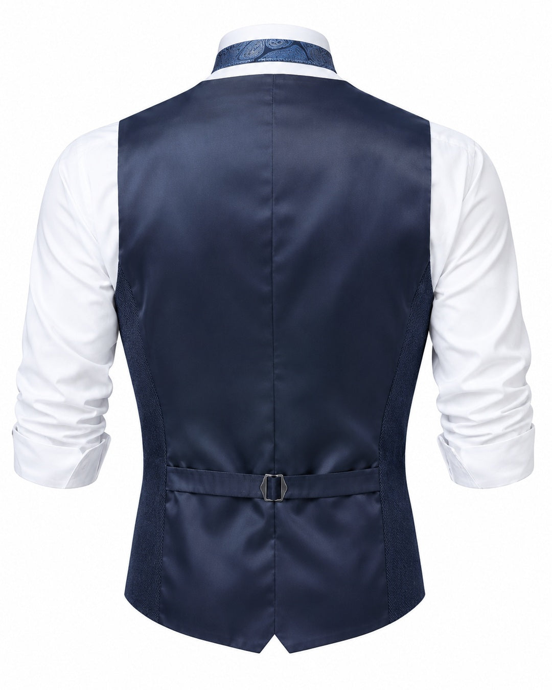 Pomence™ Herringbone Tweed Waistcoat. satin back panel with the adjustable strap, Midnight Navy