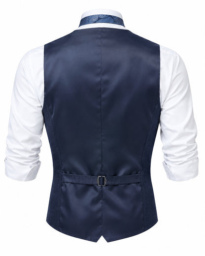 Pomence™ Herringbone Tweed Waistcoat. satin back panel with the adjustable strap, Midnight Navy