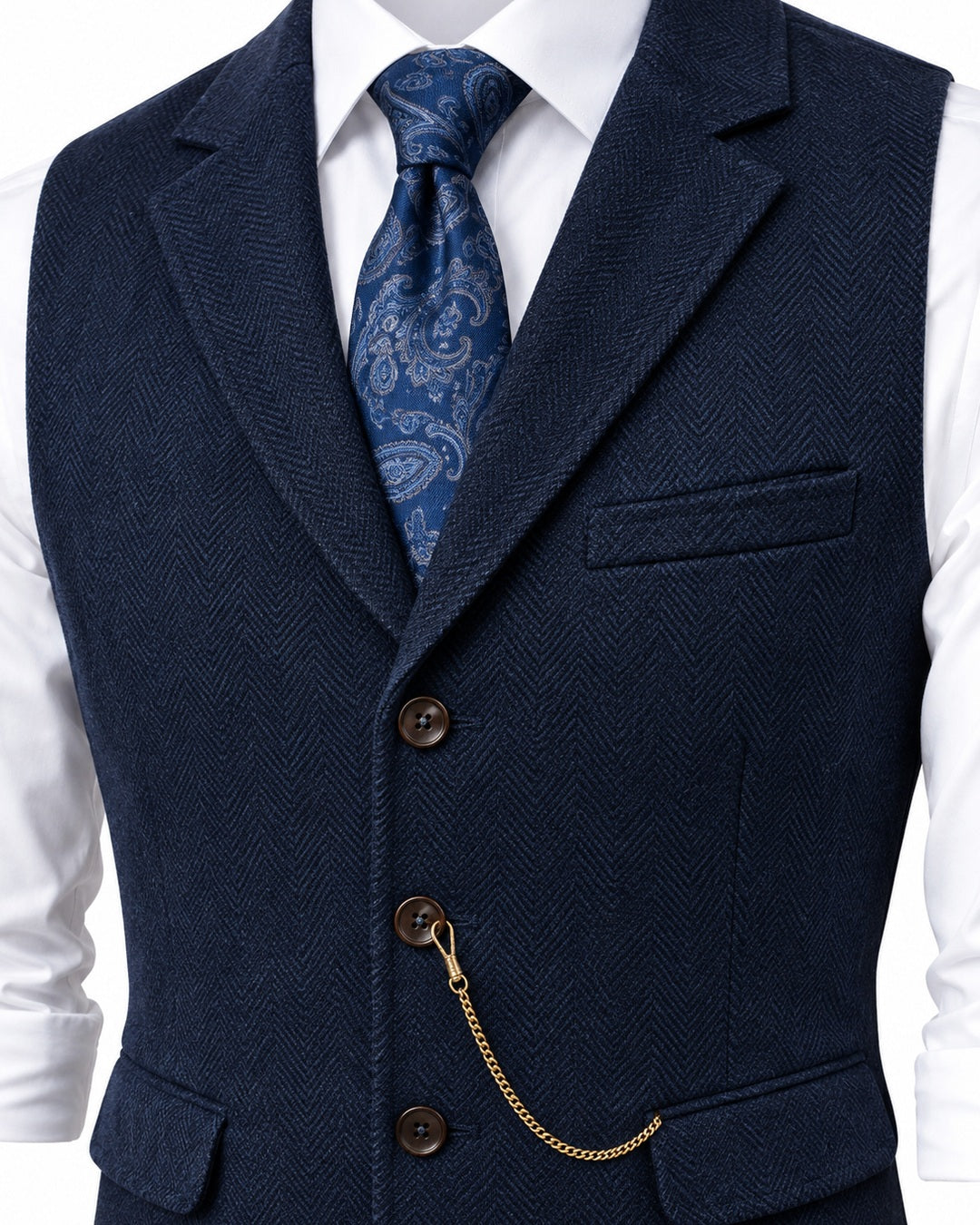 Pomence™ Herringbone Tweed Waistcoat. notched lapel, chest pocket and button detail