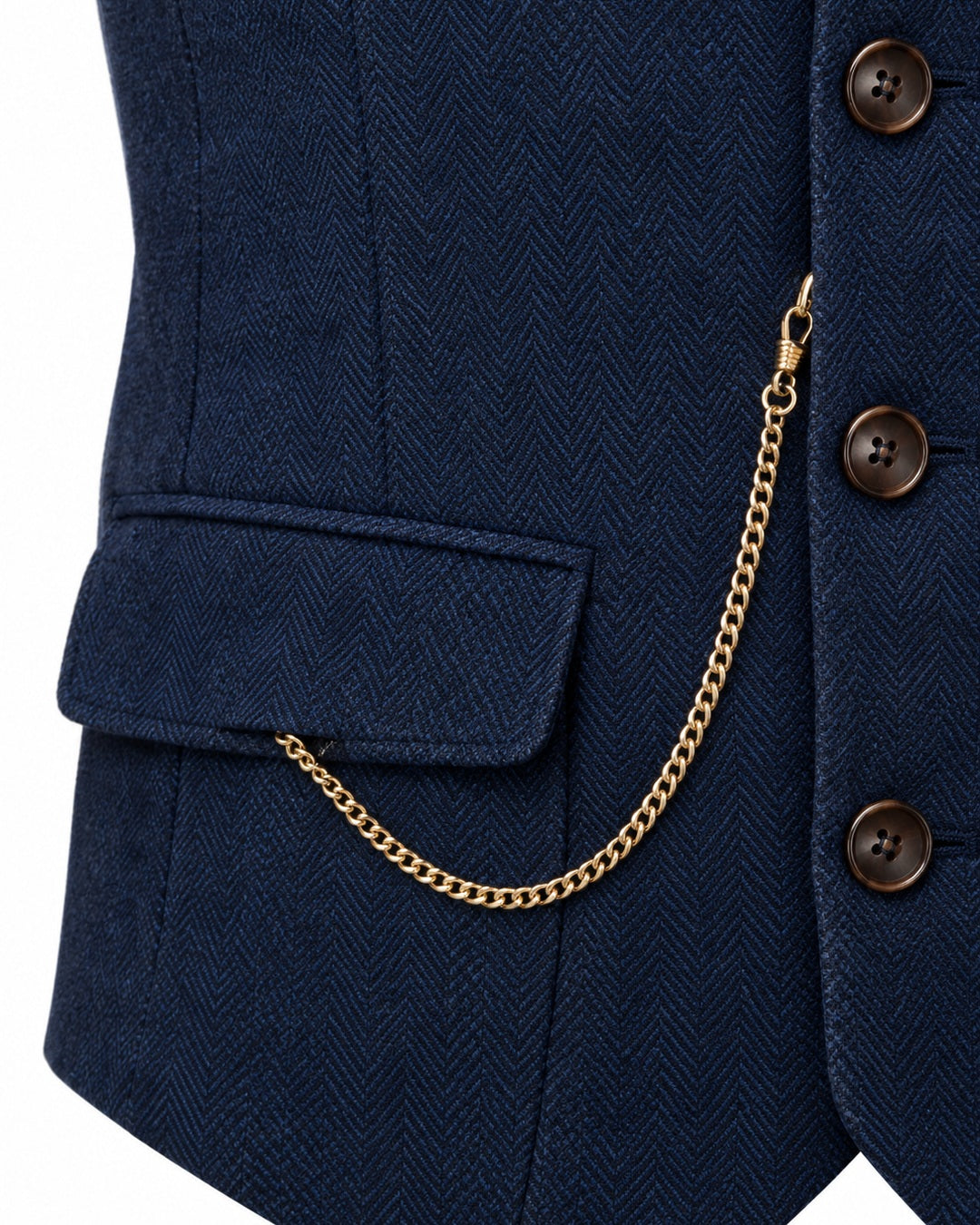 Pomence™ Herringbone Tweed Waistcoat. removable pocket-watch chain and front pocket detail