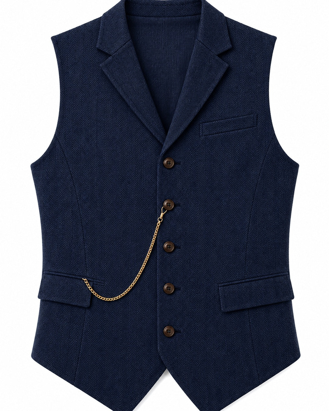 Pomence™ Herringbone Tweed Waistcoat. laid flat, Midnight Navy