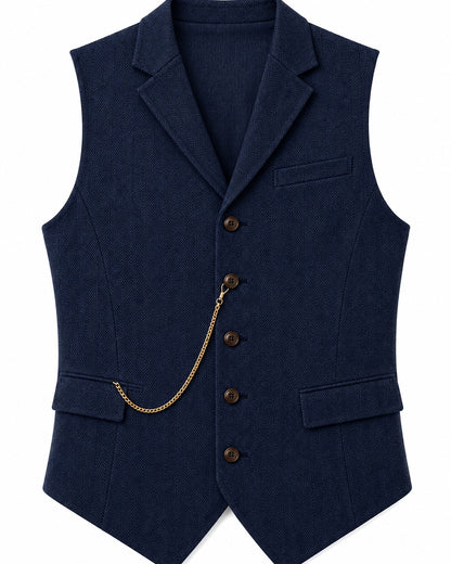 Pomence™ Herringbone Tweed Waistcoat. laid flat, Midnight Navy