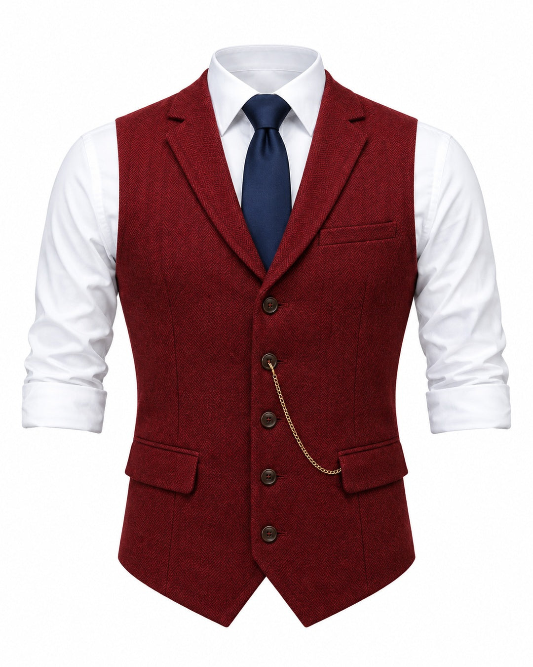 Pomence™ Herringbone Tweed Waistcoat. front view, Crimson Red