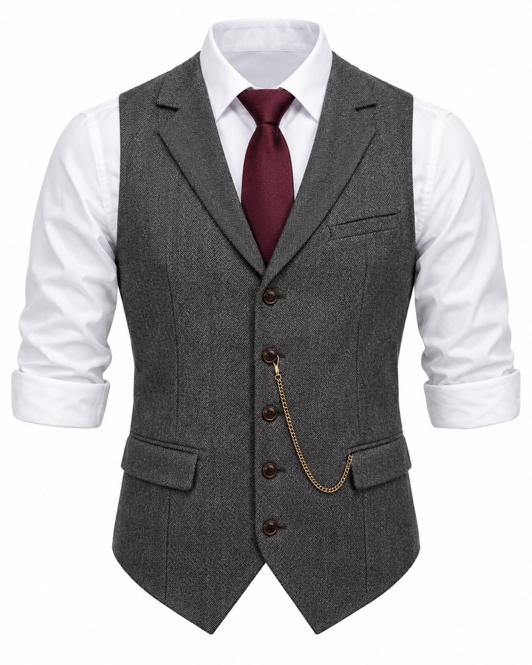 Pomence™ Herringbone Tweed Waistcoat. front view, Gunmetal Gray