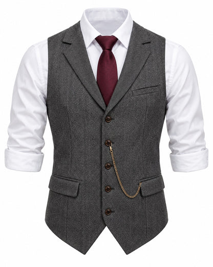 Pomence™ Herringbone Tweed Waistcoat. front view, Gunmetal Gray