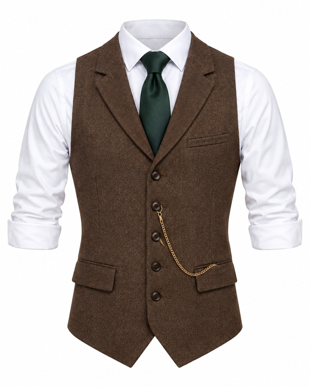 Pomence™ Herringbone Tweed Waistcoat. front view, Oxford Brown