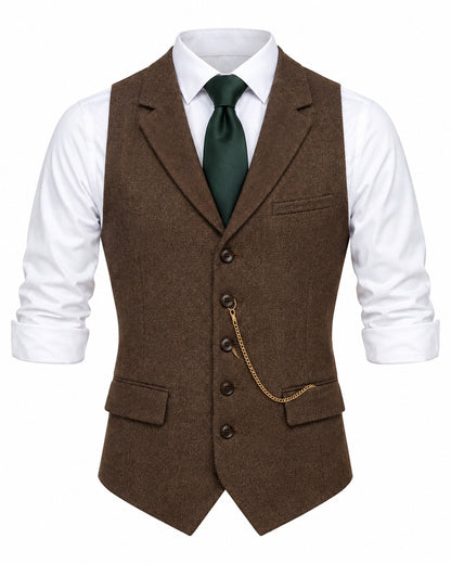 Pomence™ Herringbone Tweed Waistcoat. front view, Oxford Brown