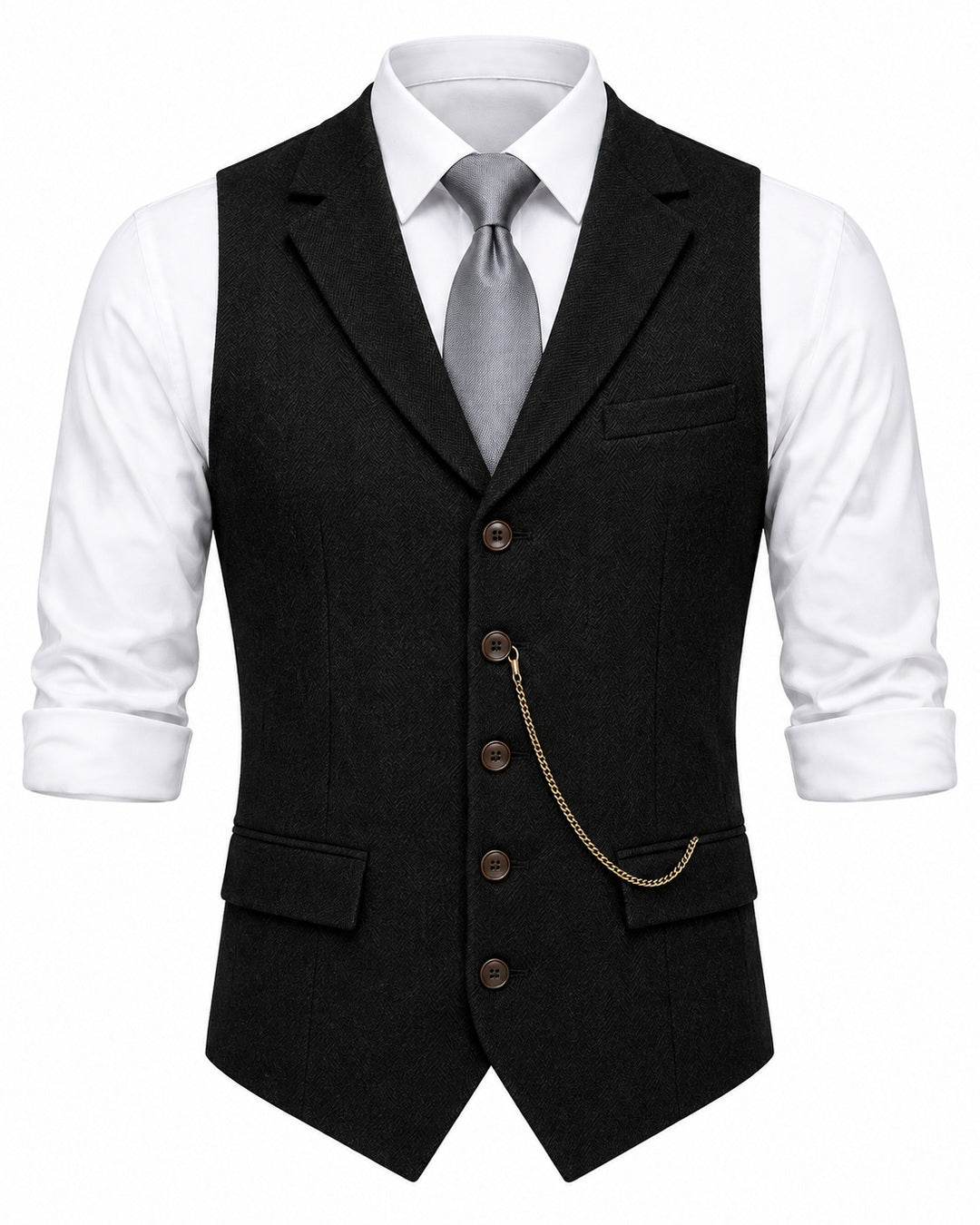 Pomence™ Herringbone Tweed Waistcoat. front view, Midnight Black
