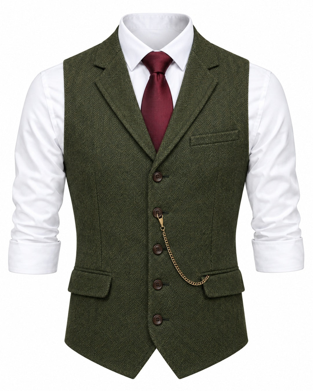 Pomence™ Herringbone Tweed Waistcoat. front view, Olive Green