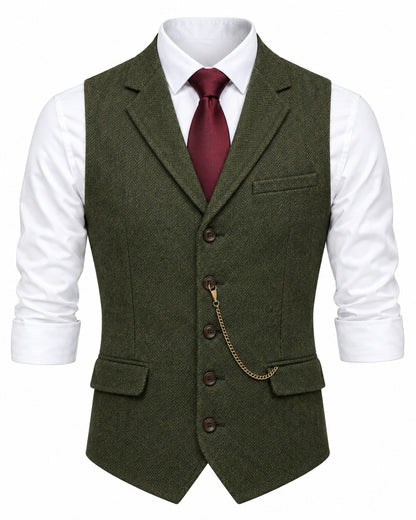 Pomence™ Herringbone Tweed Waistcoat. front view, Olive Green