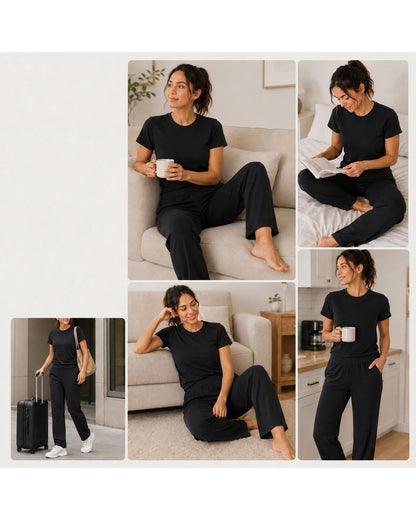 Pomence Women's Dusty Pink 2-Piece Loungewear Set. Pomence Women's Dusty Pink 2-Piece Loungewear Set in Black, lifestyle
