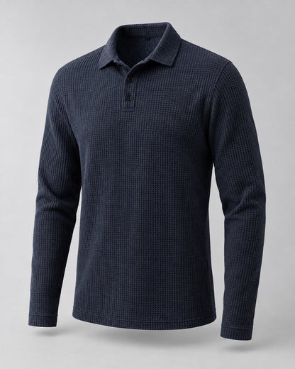 Pomence™ Long Sleeve Textured Polo. Pomence Long Sleeve Textured Polo, front view, Midnight Navy