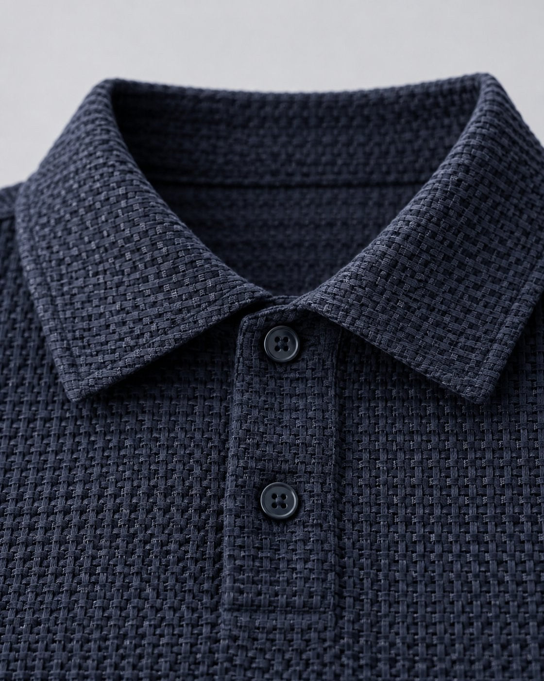 Pomence™ Long Sleeve Textured Polo. Pomence Long Sleeve Textured Polo, collar and two-button placket close up