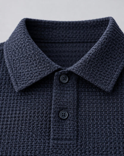 Pomence™ Long Sleeve Textured Polo. Pomence Long Sleeve Textured Polo, collar and two-button placket close up