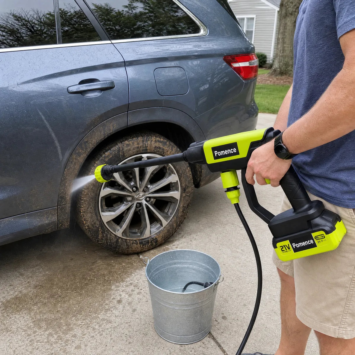 Marcus T. using Pomence beside a vehicle