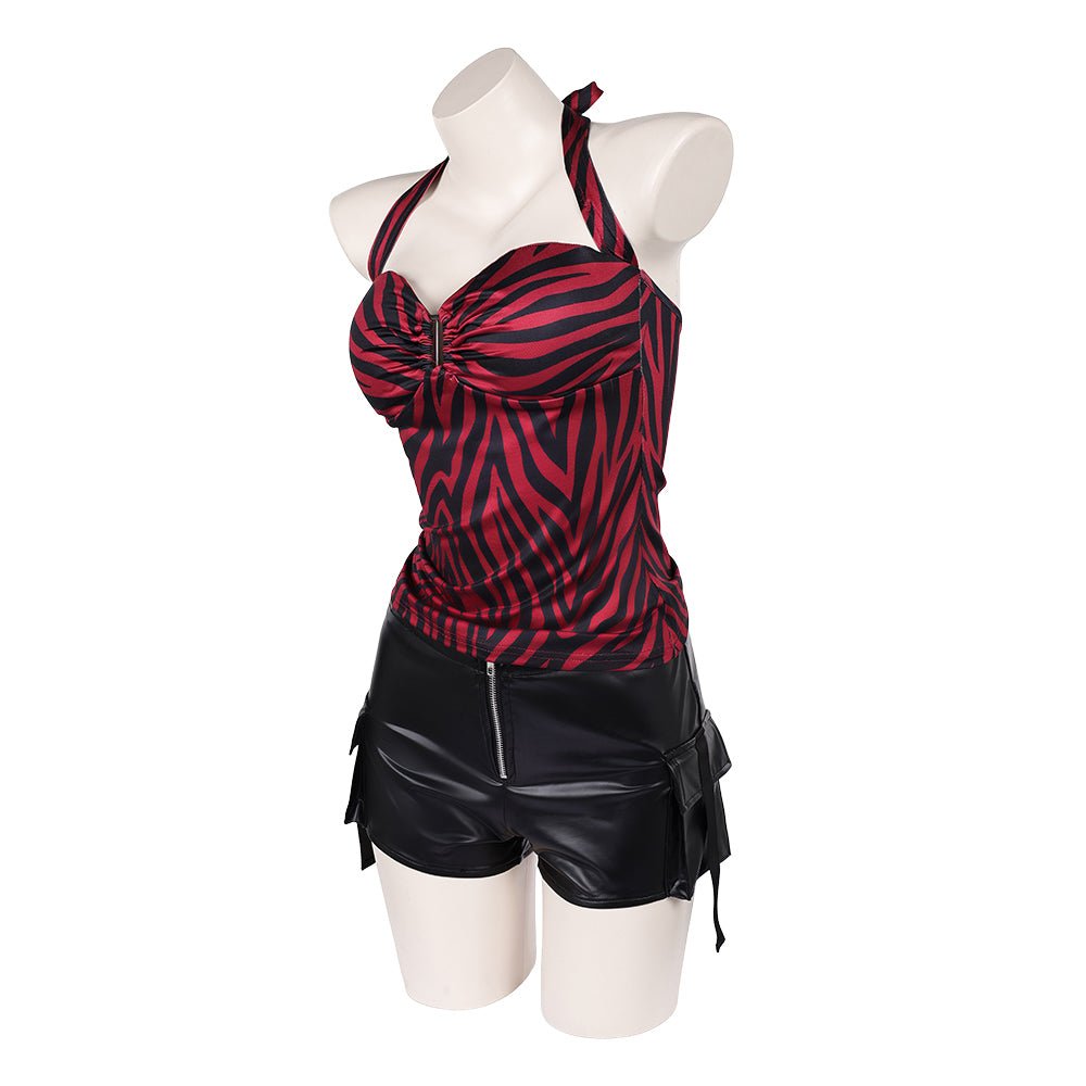 Pomence™ Nikki Halloween Costume Set: Red Zebra Halter Top + Faux Leather Cargo Shorts. Nikki Halloween costume set flat lay, zebra halter top and faux leather cargo shorts