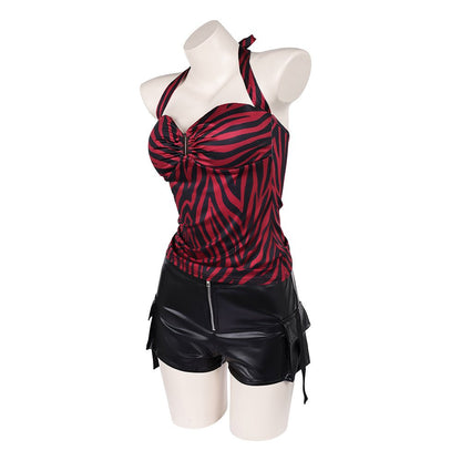 Pomence™ Nikki Halloween Costume Set: Red Zebra Halter Top + Faux Leather Cargo Shorts. Nikki Halloween costume set flat lay, zebra halter top and faux leather cargo shorts