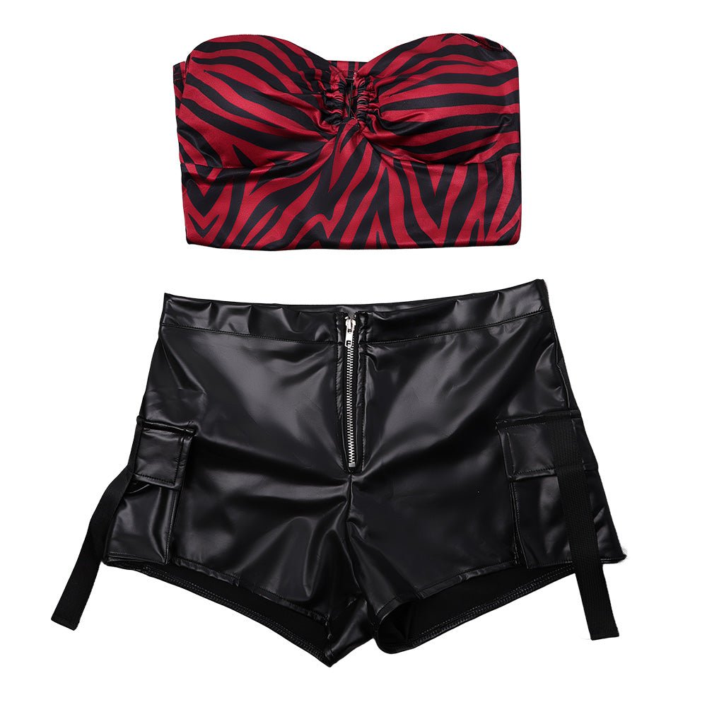 Pomence™ Nikki Halloween Costume Set: Red Zebra Halter Top + Faux Leather Cargo Shorts. Close-up of the halter neckline and ruched front bust detail