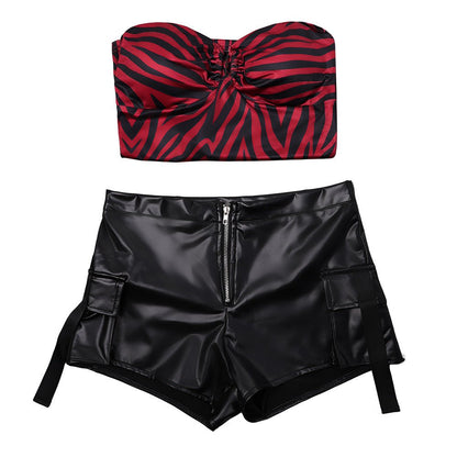 Pomence™ Nikki Halloween Costume Set: Red Zebra Halter Top + Faux Leather Cargo Shorts. Close-up of the halter neckline and ruched front bust detail