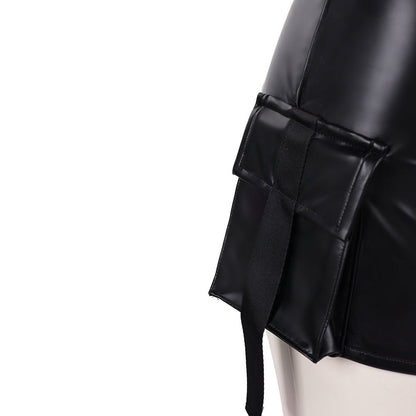Pomence™ Nikki Halloween Costume Set: Red Zebra Halter Top + Faux Leather Cargo Shorts. Close-up of the front metal hardware clasp on the bustier top