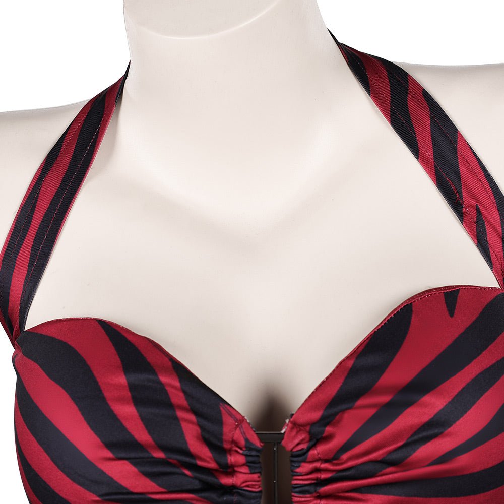 Pomence™ Nikki Halloween Costume Set: Red Zebra Halter Top + Faux Leather Cargo Shorts. Close-up of the faux leather shorts cargo pocket and hanging tie