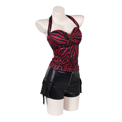 Pomence™ Nikki Halloween Costume Set: Red Zebra Halter Top + Faux Leather Cargo Shorts. Nikki Halloween costume set on a mannequin, angled back view